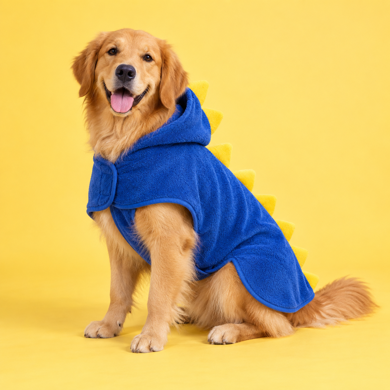 Concept rendering of a golden dog wearing a blue dinosaur-style drying robe with yellow spikes